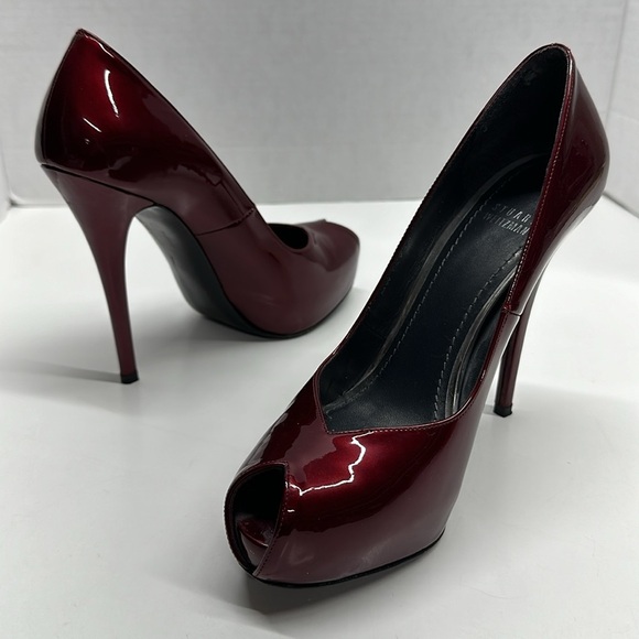Stuart Weitzman High Heel Pumps Shoes Peep Toe Patent Leather Red Quasar Size 9 - Picture 1 of 10